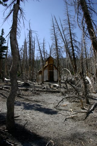 This building reminded me of an old decrepit church. (It was probably an emergency snow cabin or something.) Natural CO2 outgassing from a magma body beneath Mammoth Mountain asphyxiated more than 100 acres of trees near Horseshoe Lake in the early 1990s. The gasses become concentrated to deadly levels in enclosed structures such as cabins. 