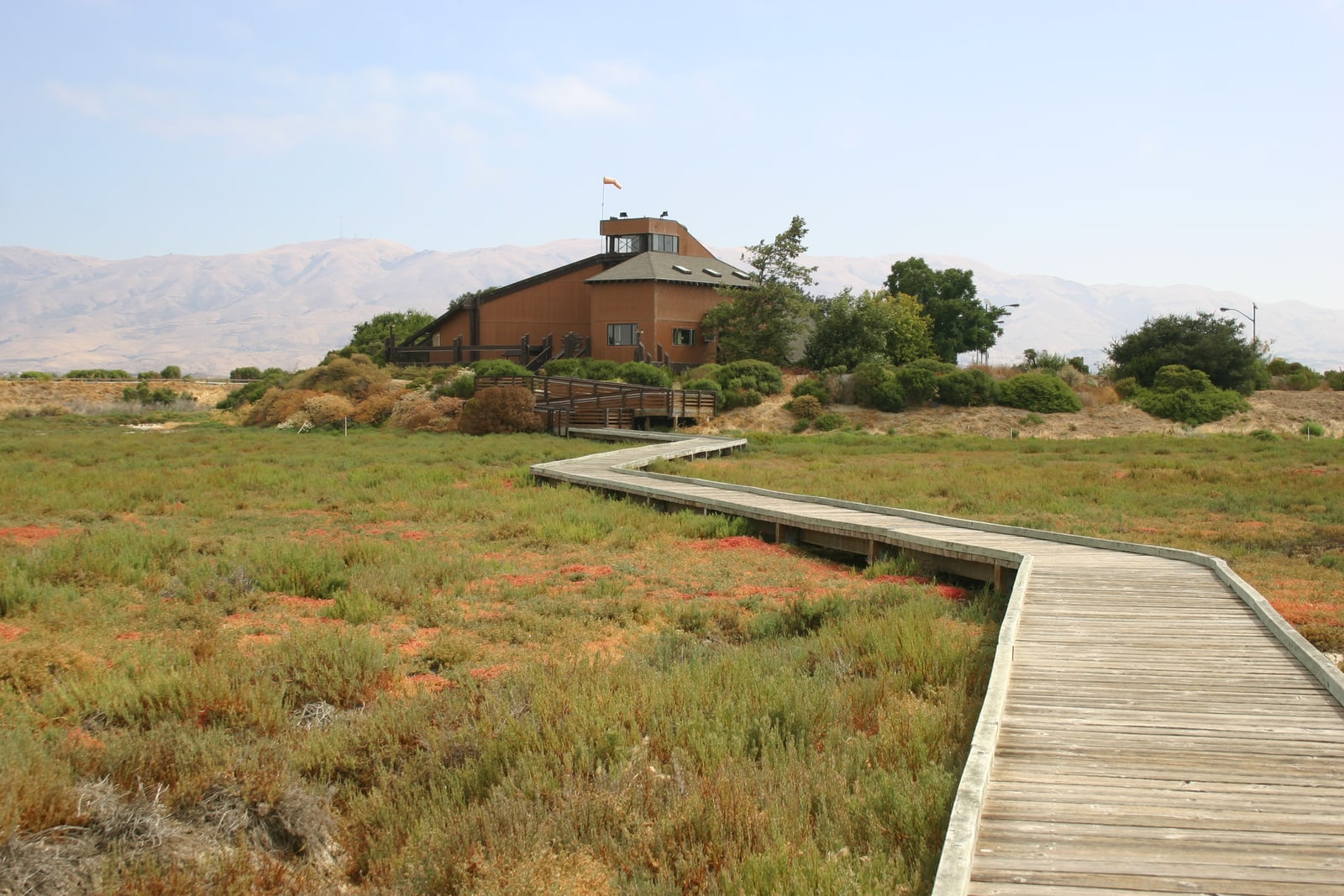 A zig-zaggy boardwalk leads to the Environmental Education Center in Alviso, California.