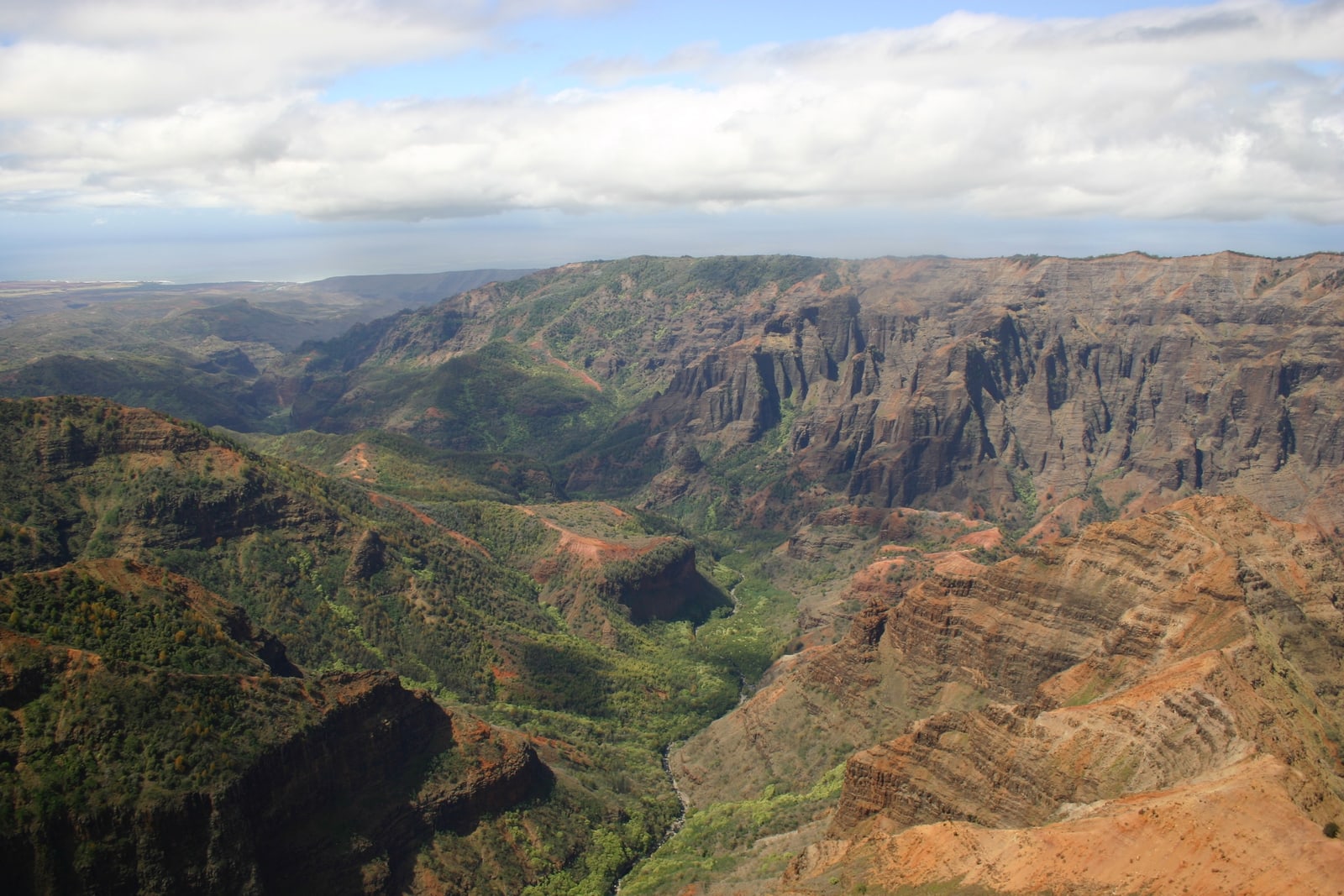 Waimea Canyon, also known as the Grand Canyon of the Pacific, seen from a helicopter.
