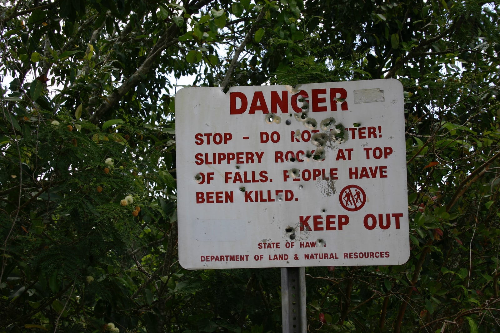 Danger sign near Wailua Falls. Locals use it for target practice. It reads: “Danger. Stop - Do not enter! Slippery rocks at top of falls. People have been killed. Keep out. State of Hawaii Department of Land & Natural Resources.â€