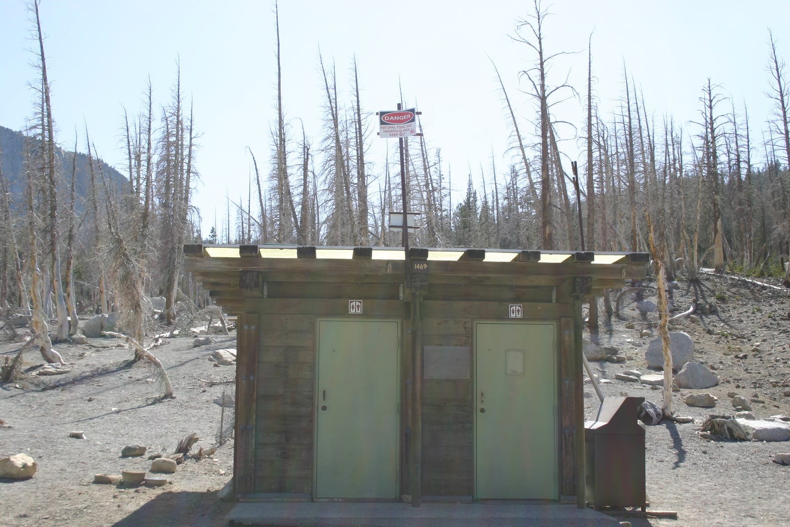 Sign above a restroom: "DANGER. Natural toxic gas. Hazardous area. Keep out." I found this too funny to pass up. However, the reasons for the sign are not so funny.
Natural CO2 outgassing from a magma body beneath Mammoth Mountain asphyxiated more than 100 acres of trees near Horseshoe Lake in the early 1990s. The gasses become concentrated to deadly levels in enclosed structures such as cabins and restrooms (and tents -- camping was prohibited here).